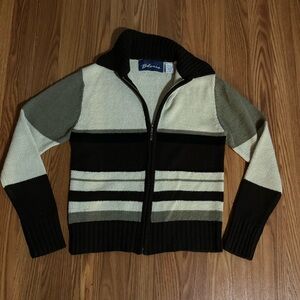 Vintage‎ Express Bleus Colorblock Striped FullZip Collared Sweater Retro Preppy